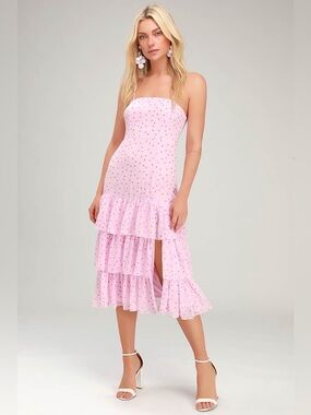 Lulu's Nellie Pink Polka Dot Ruffled Midi Dress - Size XS